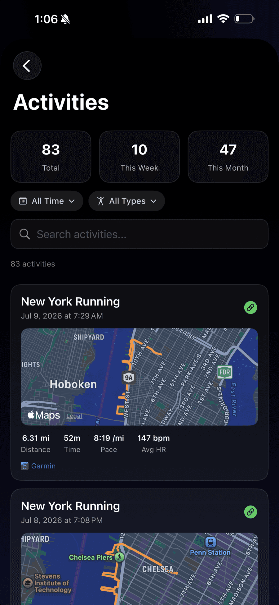 Activities list with synced runs showing route maps, distance, pace, and heart rate