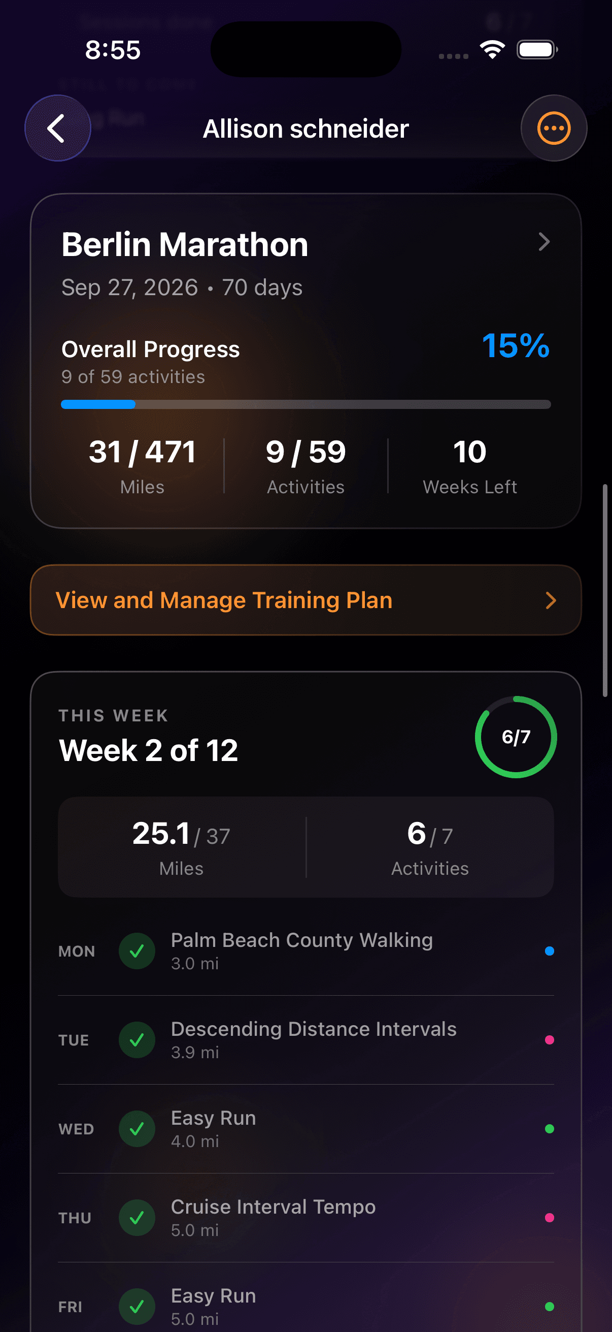 Coach view of an athlete showing Berlin Marathon progress and the current training week