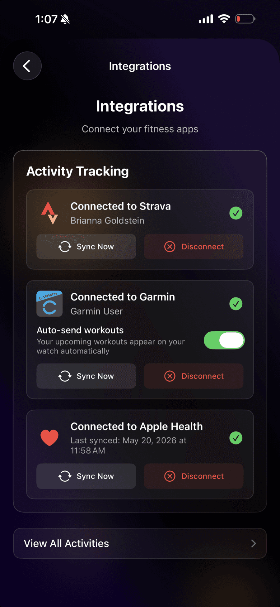 Integrations screen with Strava, Garmin auto-send runs, and Apple Health connected