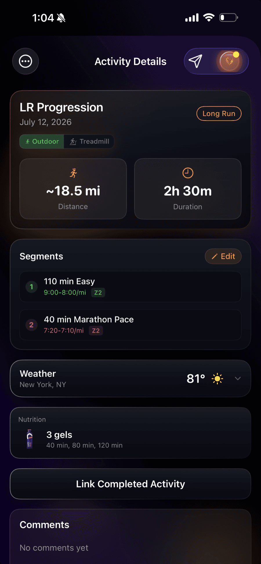 Long run detail showing a 110 minute easy plus 40 minute marathon pace progression with weather and gel timing