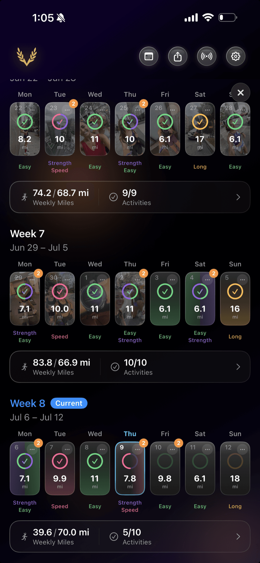 Training plan view showing three weeks of daily runs with completion checkmarks and weekly mileage totals