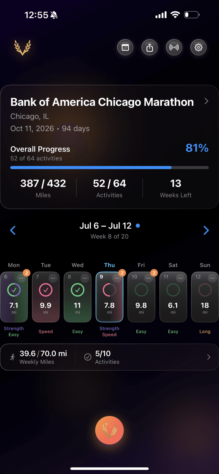 Via home screen showing Chicago Marathon progress at 81 percent with 13 weeks left and the current training week