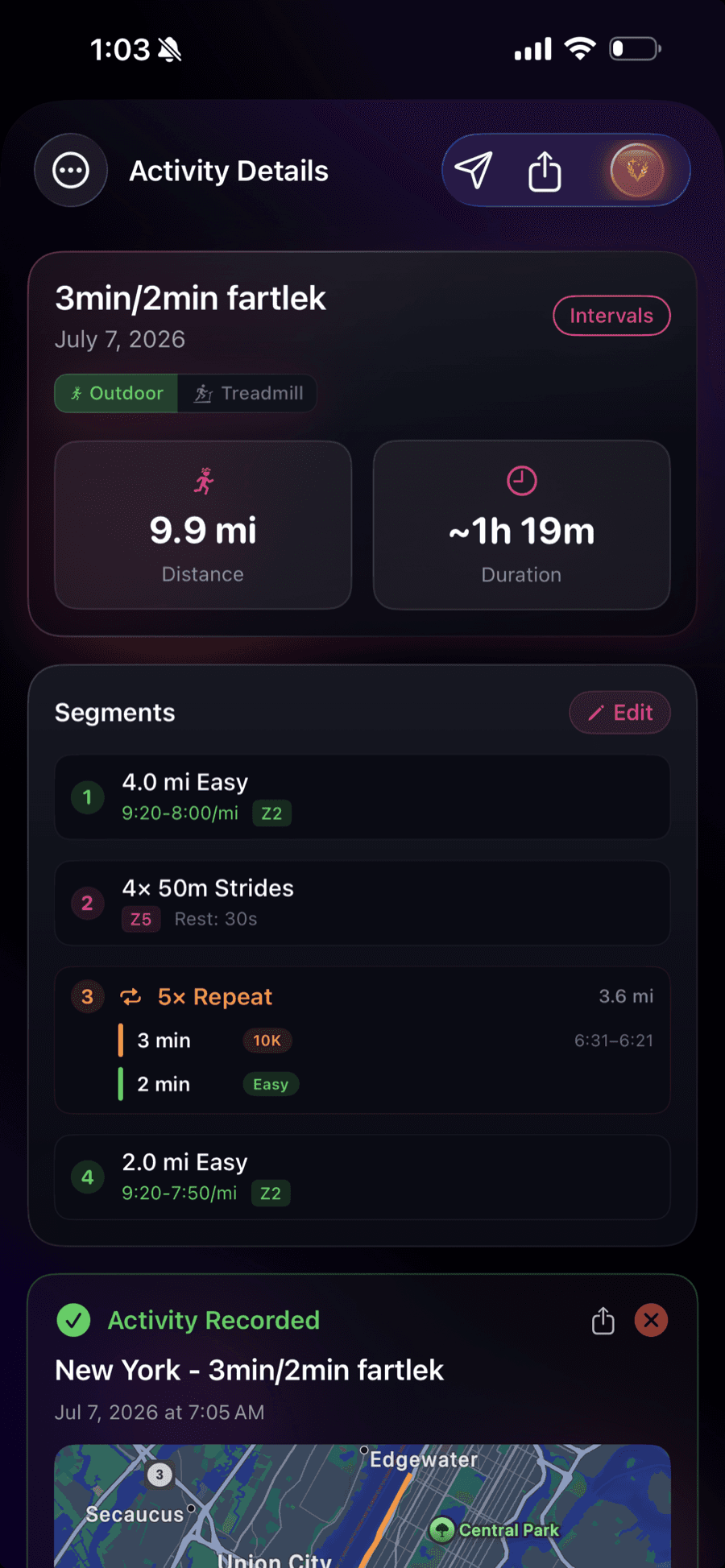 Workout detail for a 3min/2min fartlek with paced segments, repeat blocks, and the linked recorded activity with route map